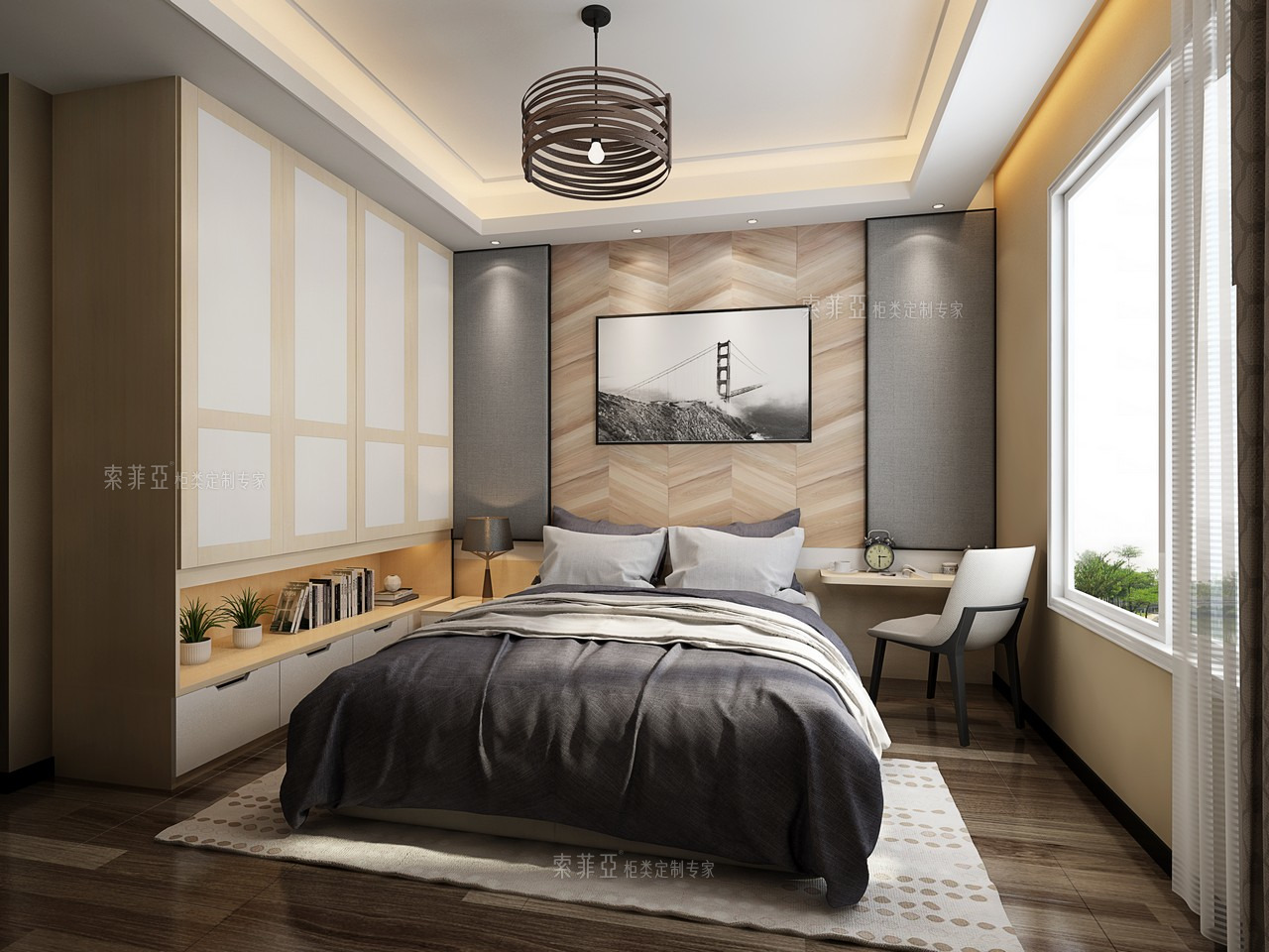 主卧 衣柜 床 电脑桌 简约 羽白栓木 北美枫木