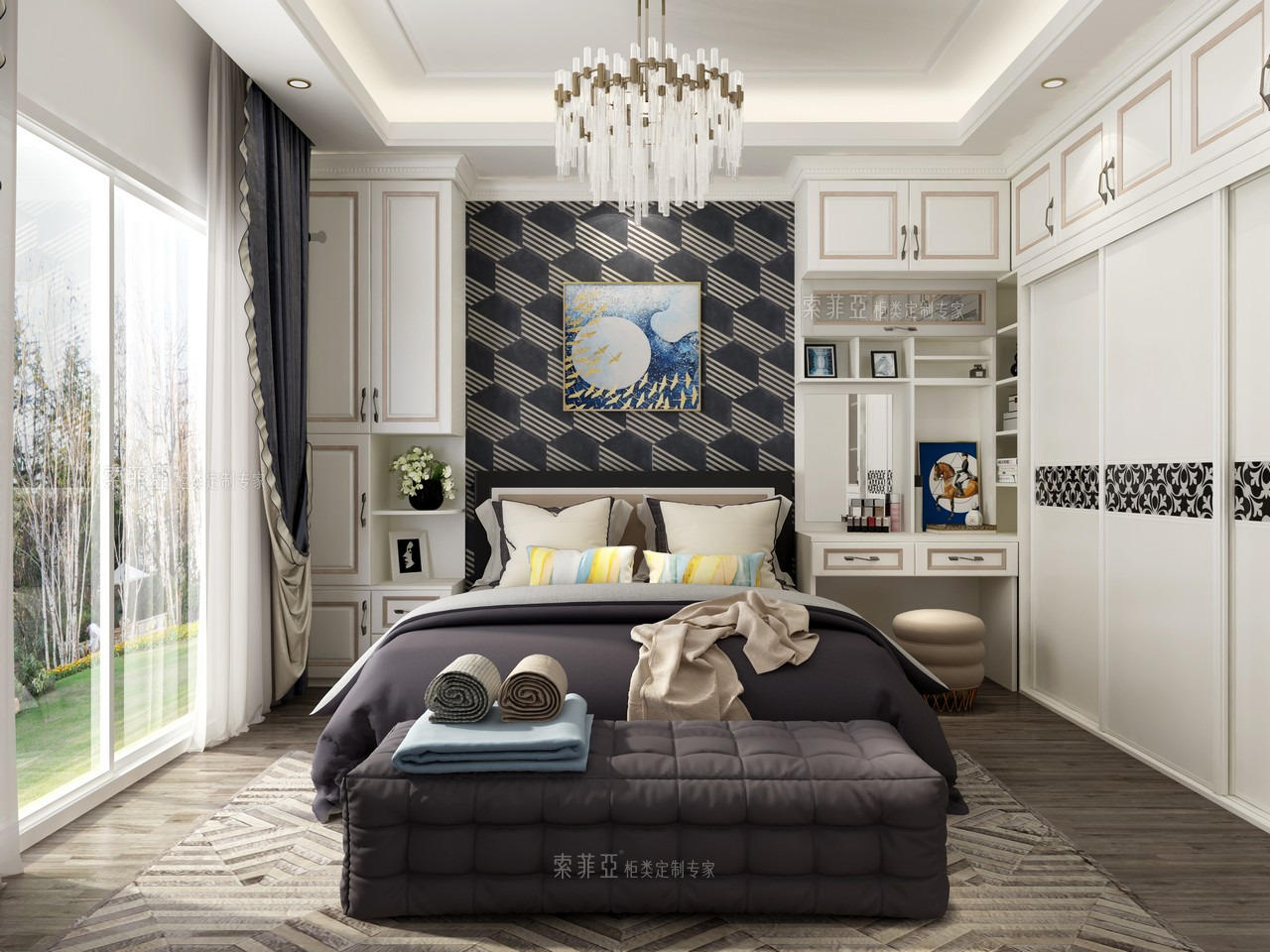 迷人别致柔美系主卧 主卧 衣柜 梳妆台 简欧 北美白橡 羽白栓木