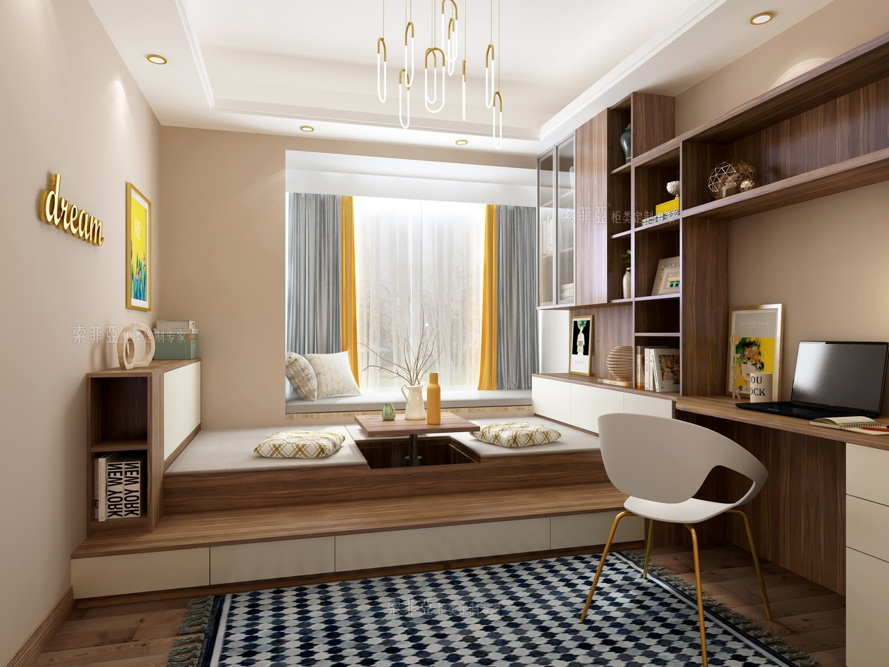 多功能房榻榻米卧室装修图图片大全,女生卧室带飘窗装修图-索菲亚商城