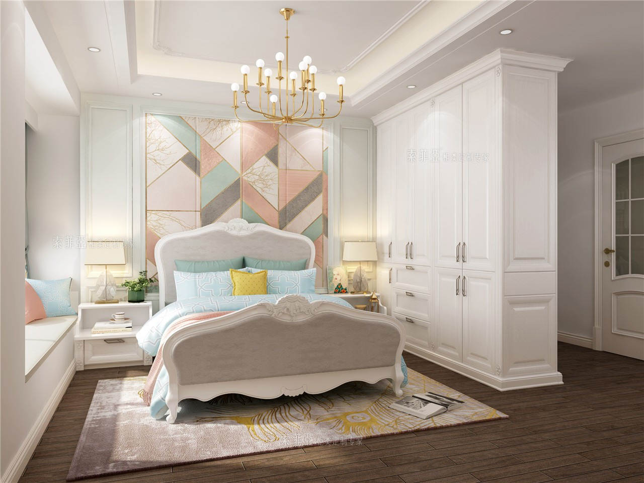 优美温润别致主卧 衣帽间 主卧 衣柜 床 床头柜 简欧 羽白栓木 诺曼